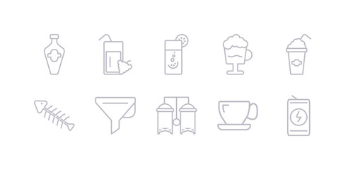 simple gray 10 vector icons set such as energy drink, espresso, fermentation, filtration, fish skeleton, frappe, frappuccino. editable vector icon pack