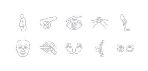 simple gray 10 vector icons set such as microcephaly, middle east respiratory syndrome (mers), migraine, mononucleosis, morquio syndrome, multiple myeloma, multiple sclerosis. editable vector icon