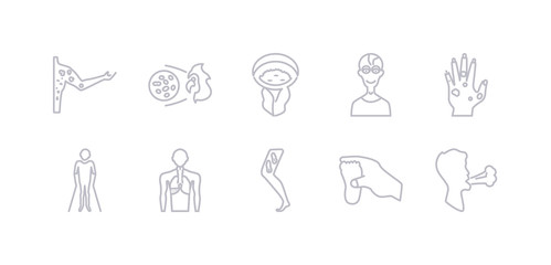 simple gray 10 vector icons set such as osteoporosis, otitis, overweight and obesity, palindromic rheumatism, parasites ??? scabies, paratyphoid fever, parkinson's disease. editable vector icon pack
