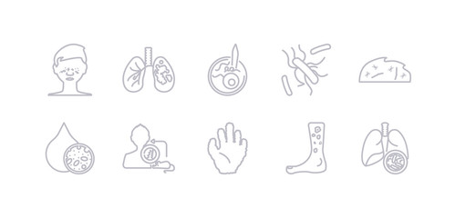 simple gray 10 vector icons set such as kidney stone disease, kuru, kwashiorkor, laryngitis, lead poisoning, legionellosis, leishmaniasis. editable vector icon pack