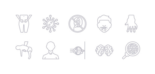 simple gray 10 vector icons set such as human papillomavirus, human papillomavirus (hpv), huntington's disease, hypermetropia, hyperopia, prostatitis, hyperthyroidism. editable vector icon pack