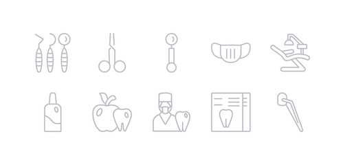 simple gray 10 vector icons set such as dental veneer, dental x ray, dentist, dentist apple, dentist bottle with liquid, chair, mask. editable vector icon pack