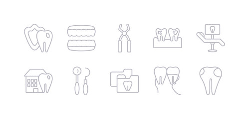 simple gray 10 vector icons set such as dental filling, dental floss, dental folder, hook, house, monitor, plaque. editable vector icon pack