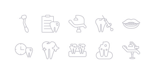 simple gray 10 vector icons set such as clinic, damaged tooth, decay, dental, dental appointment, dental brackets, care. editable vector icon pack