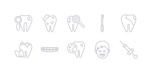simple gray 10 vector icons set such as anesthesia, baby dental, bacteria in mouth, braces, breath, broken tooth, brushing teeth. editable vector icon pack