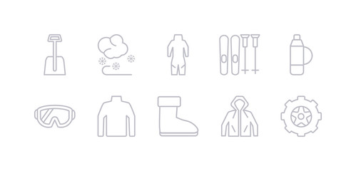 simple gray 10 vector icons set such as winter tire, anorak vest, snow boot, turtleneck sweater, snow goggle, themos flask, ski equiptment. editable vector icon pack