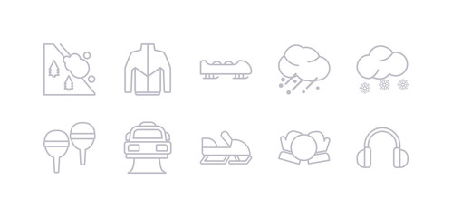 simple gray 10 vector icons set such as earmuffs, snow ball, snowmobile, snowplow, snowshoes, snowy, hail. editable vector icon pack