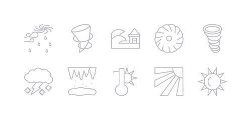 simple gray 10 vector icons set such as sunshine, temperature, thaw, thundersnow, tornado, tropical storm, tsunami. editable vector icon pack