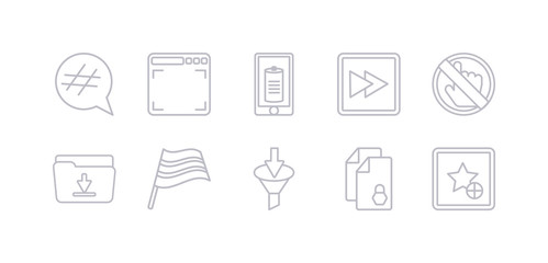 simple gray 10 vector icons set such as favourite, files, filter, flag, folder, forbbiden, forward. editable vector icon pack