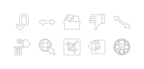 simple gray 10 vector icons set such as connections, copy, crop, cursor, delete, diagonal arrow, dislike. editable vector icon pack