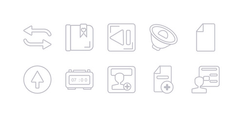 simple gray 10 vector icons set such as account, add, add user, alarm clock, arrow, attachment, audio. editable vector icon pack