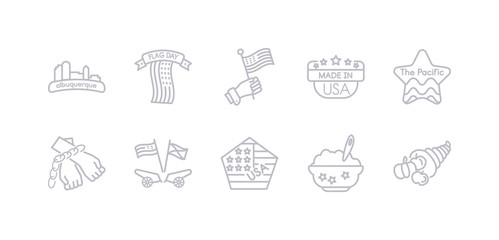 simple gray 10 vector icons set such as cornucopia, porridge, sticker, american civil war, slavery in the united states, pacific ocean, made in usa. editable vector icon pack