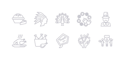 simple gray 10 vector icons set such as crowd march, blessings, thank you, turkey leg, roasted turkey, pilgrim, thanksgiving ornament. editable vector icon pack