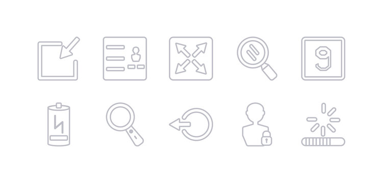 simple gray 10 vector icons set such as loading, login,  , loupe, low battery, lowercase, magnifying glass. editable vector icon pack