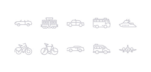 simple gray 10 vector icons set such as aeroplane, airport shuttle, automobile, bicycle, bike, boat, bus. editable vector icon pack