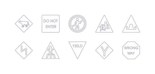simple gray 10 vector icons set such as wrong way, y intersection, yield, zebra crossing, zig zag, hump or rough, school ahead. editable vector icon pack