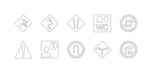 simple gray 10 vector icons set such as turn with advisory  speed, two ways, u turn, waiting, warning, way road, wc. editable vector icon pack
