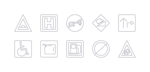 simple gray 10 vector icons set such as fire, forbidden, gas station, gasoline, handicap, highway, hill. editable vector icon pack