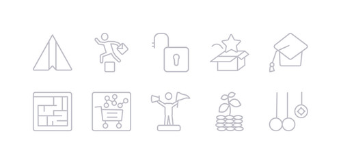 simple gray 10 vector icons set such as innovation, investment, leader, market trends, maze, mortarboard, new product. editable vector icon pack