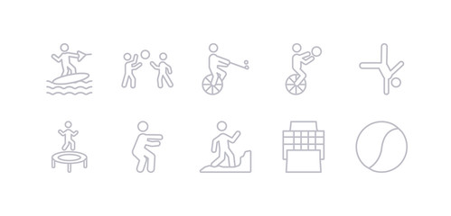 simple gray 10 vector icons set such as tennis ball, tennis court, trail running, training, trampolining, tumbling, unicycling handball. editable vector icon pack
