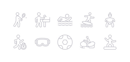 simple gray 10 vector icons set such as snowboarding, snowmobile sport, soccer ball, sport goggles, sprint, sumo, surf. editable vector icon pack