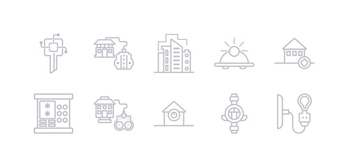 simple gray 10 vector icons set such as light, meter, power button, remote vehicle, security code, security system, sensor. editable vector icon pack