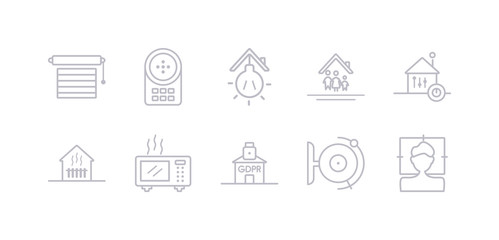 simple gray 10 vector icons set such as face scan, fire alarm, gdpr, heat leak, heating, home automation, household. editable vector icon pack