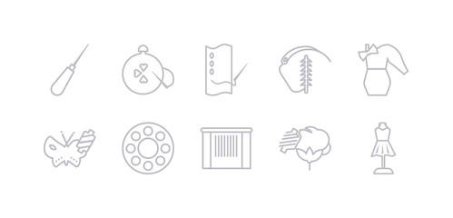 simple gray 10 vector icons set such as hand craft, cotton reel, handloom, bobbin, silk, styling, suture. editable vector icon pack