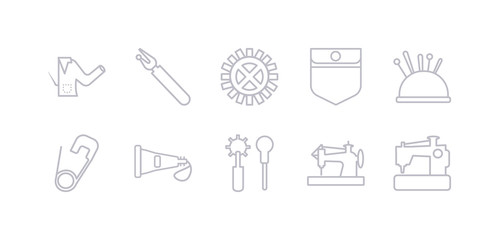 simple gray 10 vector icons set such as new sewing machine, old sewing machine, overstitch, paint tube, pin, pin cushion, pocket. editable vector icon pack