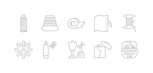 simple gray 10 vector icons set such as sewing basket, sewing box, sewing craft, marker, spokes, spool of thread, stiching. editable vector icon pack