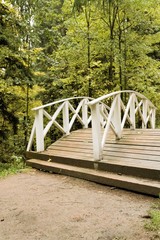 Wooden pedestrian bridge across a small river in an old park in Russia.