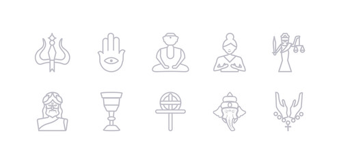 simple gray 10 vector icons set such as faith, ganesha, gnosticism, goblet, god, goddess, gospel. editable vector icon pack