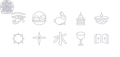 simple gray 10 vector icons set such as commandments, communion, confucianism, cross, crown of thorns, diwali, doi suthep. editable vector icon pack