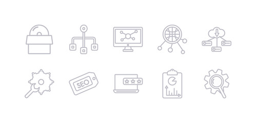 simple gray 10 vector icons set such as seo ranking, seo report, seo reputation, tags, tools, server, sharing. editable vector icon pack
