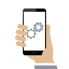 hand holds smartphone update gears on display isolated on white background vector illustration EPS10