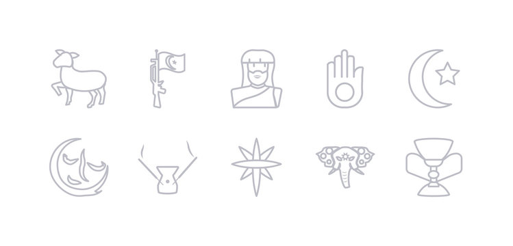 simple gray 10 vector icons set such as holy chalice, holy elephant, holy star, incense, indulgence, islam, jainism. editable vector icon pack