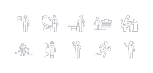 simple gray 10 vector icons set such as telemarketer, thief, waiter, welder, wrestling, writer, software developer. editable vector icon pack