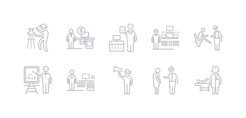 simple gray 10 vector icons set such as pediatrician, obstetrician and gynecologist, marketing manager, actuary, mathematician, podiatrist, information security analyst. editable vector icon pack