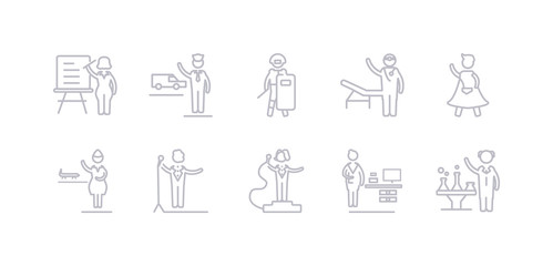 Fototapeta premium simple gray 10 vector icons set such as scientist, secretary, showman, singer, stewardess, superhero, surgeon. editable vector icon pack