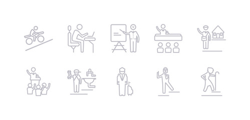 simple gray 10 vector icons set such as pensioner, photographer, pilot, plumber, politician, postman, president. editable vector icon pack