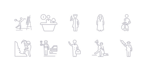 simple gray 10 vector icons set such as mafia, maid, manager, mechanic, miner, musician, nun. editable vector icon pack