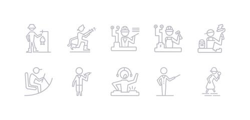 simple gray 10 vector icons set such as detective, director, dj, doctor, driver, dyer, electrician. editable vector icon pack