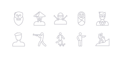simple gray 10 vector icons set such as man in hike, man pointing, man riding skateboarding, shooting, with beret, manager face, newborn. editable vector icon pack