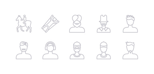 simple gray 10 vector icons set such as man face with goatee, man face with hat, man face with hat and sunglasses, headphones, moustache, spiky hair, top hat. editable vector icon pack