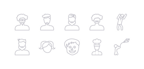 simple gray 10 vector icons set such as kid flying kite, kitchen chef, little boy face, little girl face, male user manager face, man dancing, man curly hair and moustache. editable vector icon pack