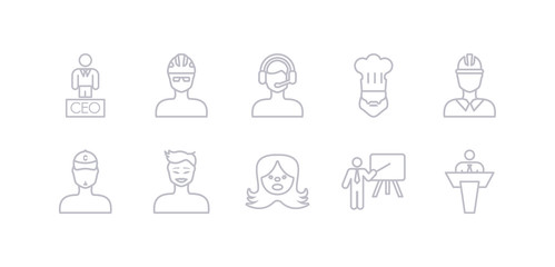 simple gray 10 vector icons set such as businessman giving a lecture, businessmen disussing, child face, chinese face, coach face, construction worker, cook editable vector icon pack