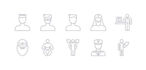 simple gray 10 vector icons set such as acting class, airplane pilot, angry man, baby, bald man face with beard and sunglasses, barman, bishop face. editable vector icon pack