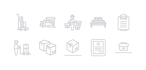 simple gray 10 vector icons set such as zip code, bill, box, boxes, cargo, clipboard, conveyor. editable vector icon pack