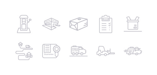 Fototapeta na wymiar simple gray 10 vector icons set such as fast delivery, forklift, free delivery, guarantee, moving, open box, order. editable vector icon pack