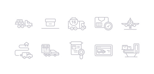 simple gray 10 vector icons set such as delivery x ray, delivery by website, charter, delivery schedule, destination, by plane, package checking. editable vector icon pack